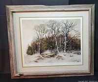 Framed lithograph titled "Winter Refuge" depicting a winter forest scene with pheasants, framed in rustic barn wood.