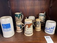 Eight German pottery beer steins on wooden shelf showing variety of designs, sizes and colors with signs of wear and scratches