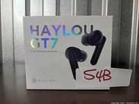 Front view of the Haylou GT7 true wireless earbuds box showing product image and branding.