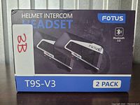 Box of Fotus Helmet Intercom Headset 2 Pack model T9S-V3 showing front of packaging with branding and Bluetooth 3.0 logo.