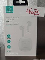 Front view of the USAMS IA Series TWS Earbuds retail box showing brand and features such as BT5.0, IPX5 water resistance, and 3D stereo sound.