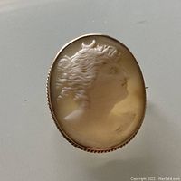 Front view of oval cameo brooch showing carved female profile in relief.
