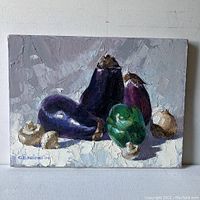 Front view of the original still life painting showing three eggplants, a green bell pepper, mushrooms, and an onion on a textured white surface.