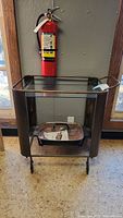 Front view of the copper bar cart with glass top and sides, showing the NuWave skillet on bottom shelf.