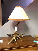 Front view of rustic antler lamp on table, showing antler base and tapered fringed shade.