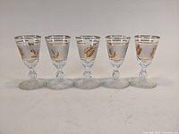Five clear cordial glass stems with gold leaf and foliage decoration arranged in a row, viewed from the front.