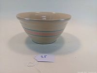 Side view of the bowl showing the pink and blue bands around the exterior and the flared rim.
