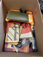 Box of assorted office supplies showing papers, scissors, binder clips, and paper cutter.