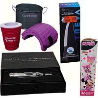 Photo showing all six items included in the lot: acupressure pen in box, bug repellent fan in original box, Minnie Mouse Dixie cups case, red and white drink cozy, grey metal cutlery container, purple knee pads.