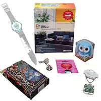 Full lot display showing boxed MS Office 2003 software, Ed Hardy Blackberry case, Day of the Dead watch, owl timer, heart audio splitter, and two necklaces.