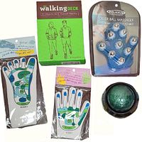 Photo showing all items: Relaxus reflexology gloves, socks, blue roller ball hand massager mitt, green spherical Harmony Roller, and The Walking Deck card set.