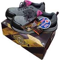 Pair of grey and pink Workload X5 safety shoes with composite toe caps displayed on original box.
