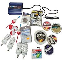 Lot showing all fishing items including lines, leaders, rod clips, hooks, bobbers, floats, car power adapter, and lightbulbs