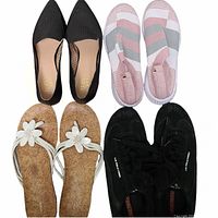 Four pairs of shoes: black perforated leather flats, white/grey/pink knit slip-ons, black suede runners, cork sandals with white flower straps.