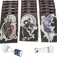 Fifteen large vinyl stickers displayed in packaging, with three individual sticker designs visible: goddess with crow cross sword, moon goddess, and purple garden faery. Two necklaces laid below, one with sodalite tree of life pendant and one with yin yang pendant.