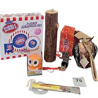 Photo of entire lot showing wood pepper mill, Dubble Bubble kids meal set box, owl timer in packaging, decorative cow bell, dragon brass bell wind chime, and London Dry Gin bottle opener in packaging.