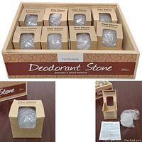 Overview of 8 boxes of Pure Himalayan Deodorant Stones neatly arranged in a retail display box labeled Pure Himalayan Deodorant Stone. The boxes are unopened and show the translucent crystal inside.