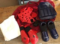 Photo showing red gloves, foot pads, navy blue chest protector, white pants and uniform top, and red mesh carrying bag