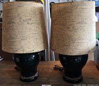 Front view of two ceramic table lamps with dark green bases and decorative script patterned beige shades, placed side by side on wooden surface.