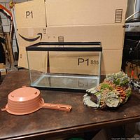 Photo of aquarium, orange plastic filter device, and decorative coral ornament on table against cardboard background.