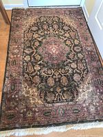 Top view of 4x6 wool area rug with intricate medallion pattern and fringe edges