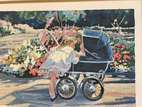 Close-up of the print showing a girl in white dress looking into a blue vintage baby carriage with colorful flowers in the background.
