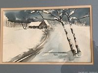 Close view of the watercolor painting depicting a winter landscape with snow, birch trees, and a cabin with path leading to it.
