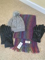 Full set of items includes gray fleece-lined winter hat with pom-pom, multicolored Merino wool scarf, two pairs of black leather gloves laid on carpet