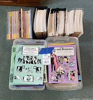 Wide shot of collection showing plastic bins filled with various paperback books and loose sheets stacked upright and separated by book holders.