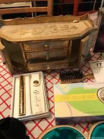 Wood painted jewelry box, small hair brush, Joli Muguet perfume set