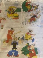 Fabric detail showing multiple Popeye characters including Olive Oyl, Bluto, Wimpy and Popeye in various cartoon poses on light polyester material.