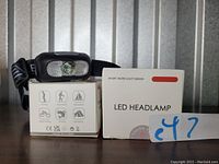 Photo showing two black LED headlamps with adjustable straps placed on their white packaging boxes. Boxes feature icons denoting various uses and product details.