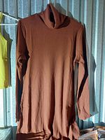 Photo of a purple ribbed long sleeve turtleneck dress hanging on a hanger. The dress is size large and appears new.