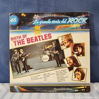 Front cover of "Birth of The Beatles" LP record, showing the title, band photo, and series name "La grande storia del Rock."