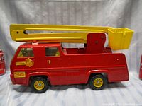 Front-right angle of red Tonka fire truck with yellow bucket and wheels, showing overall condition and size relative to soda can.