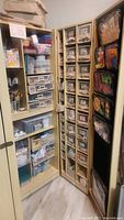 Open wooden cabinet showing left shelving with plastic drawers and right door lined with clear zippered pouches
