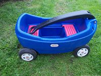 Full side view of blue plastic Little Tikes wagon with black handle and red bench seats on grass.