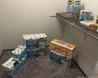 Overall view of various paper products arranged in corner including toilet paper packages and tissue boxes.