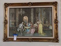 Full view of the large framed wall art showing six figures, most prominently two seated at a chess game.
