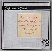 Square metal photo frame with 'Confirmed in Christ' text and scripture insert, holding 4x4 photo, representing one of the frames in the lot.