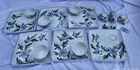 Photo showing the full set of six square plates each with a tea/coffee cup placed on them, alongside a pair of salt and pepper shakers. The floral hand-painted designs are prominently visible.