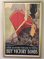 Full view of the framed vintage war poster showing the red ship, soldiers, and woman in yellow dress with text at bottom.