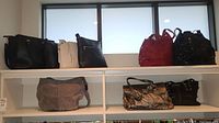 Five handbags on top shelf (two Colab crossbody, one black tote, red patent tote, black patent tote) and four on bottom (suede hobo, metallic satchel, black satchel, zip pouch)