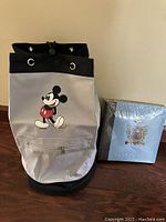 Photo showing Mickey Mouse bag with cooler compartment and Disney memory photo album side by side