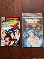 Two comic books displayed on wood floor: Amazing Spider-Man #361 on left, Amazing Fantasy #18 in protective sleeve on right.