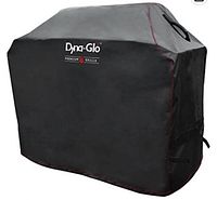 Front and side view of black BBQ grill cover showing Dyna-Glo logo, red stitching, and overall shape fitting a standard grill.