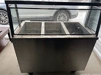Front view of the stainless steel hot foods buffet showing the plexiglass front panel and three compartments.