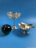 Overview of Birks candy dish and bon bon dish with green apple size reference