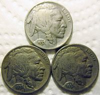 Front (obverse) images of the three 1937 Buffalo Nickels, showing Native American profiles and visible dates.