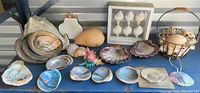 Wide view of the sea shells collection on a blue surface showing large conch shell, abalone shells, clam shells, painted shells, basket with shells, and framed shell display.